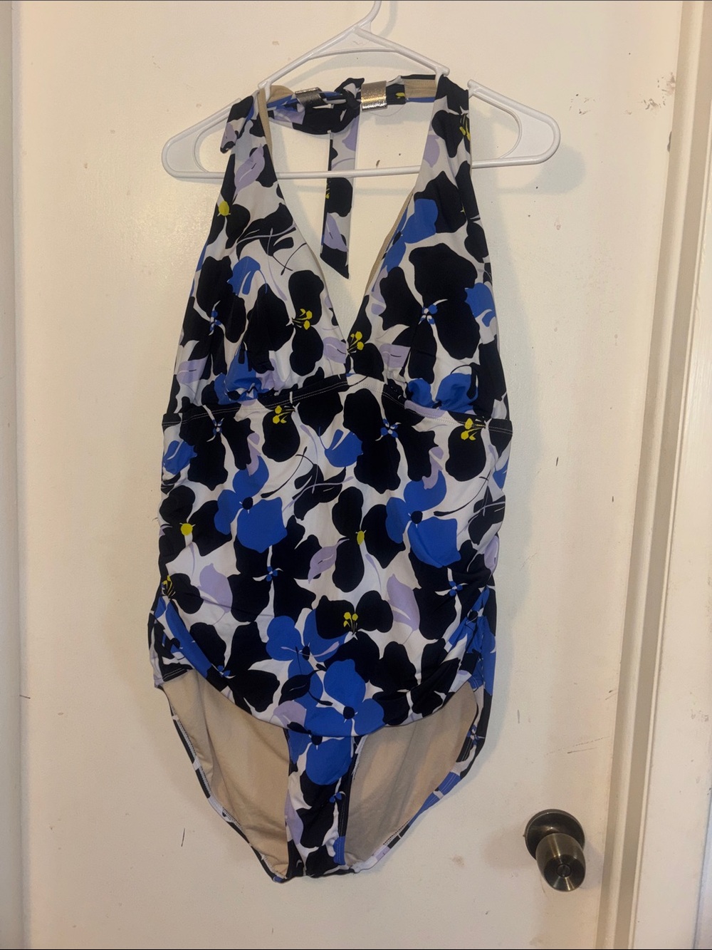 Swimsuits For All Blue Black White Floral Halter One-Piece